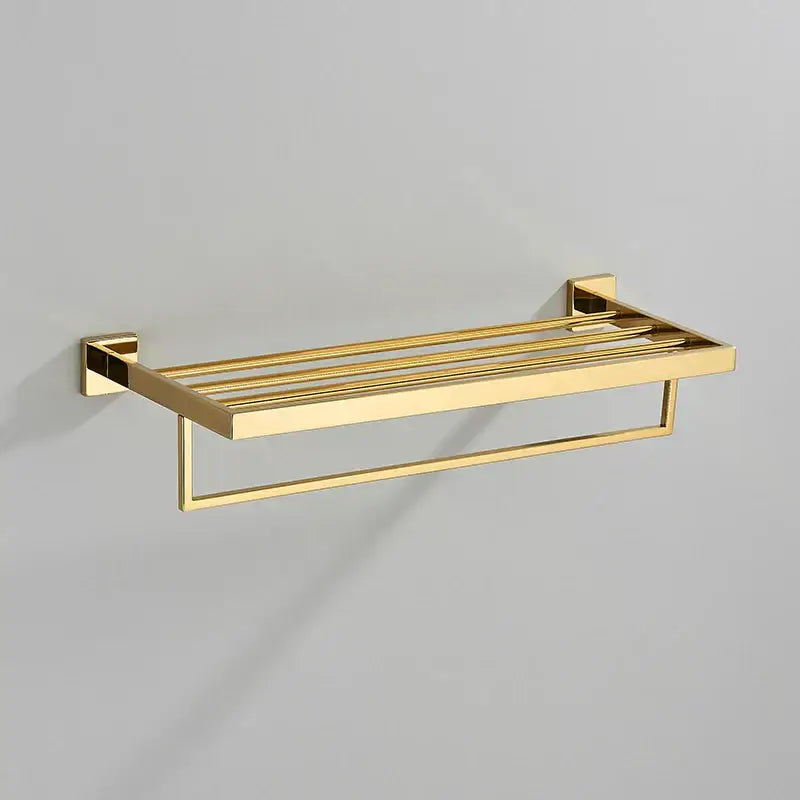 Modern gold stainless steel wall mount towel rack with multiple horizontal bars for drying towels in bathroom
