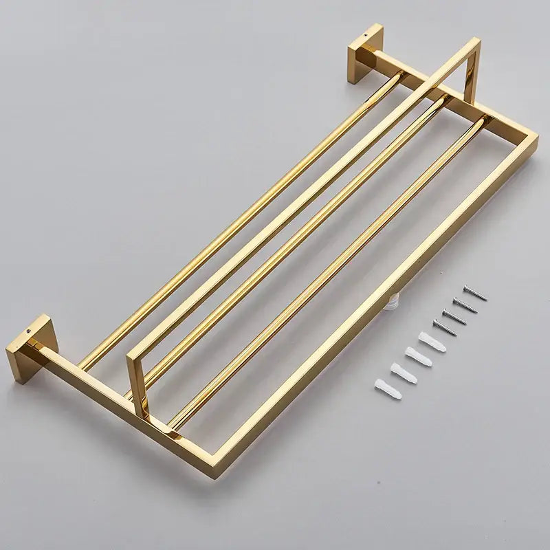 Modern gold stainless steel wall mount towel rack with four bars and sleek metallic finish for bathroom use
