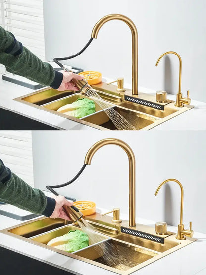 Modern gold stainless steel kitchen faucet with curved spout and extendable pull-out spray head for waterfall sink set