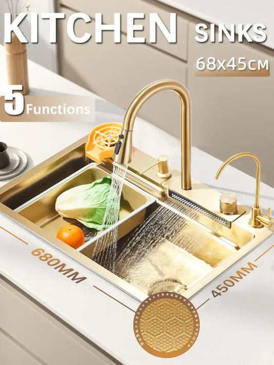 Modern gold stainless steel waterfall sink kitchen integrated set - Decorbites