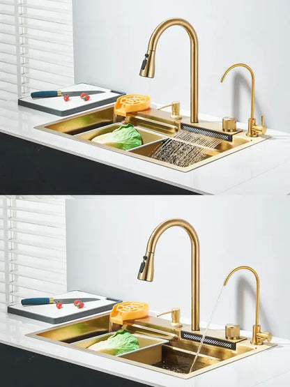 Modern gold stainless steel kitchen sink with pull-down dual spray faucet and sleek waterfall design integrated set