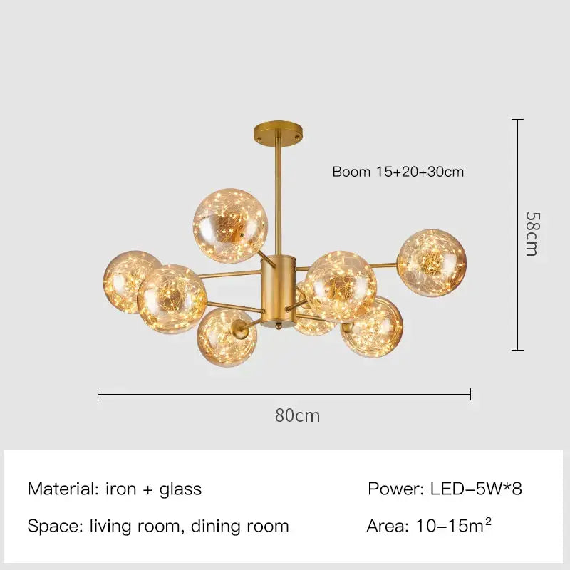 Modern gold star glass pendant light with gold-toned iron frame and multiple spherical glass globes for dining room decorbites gold star