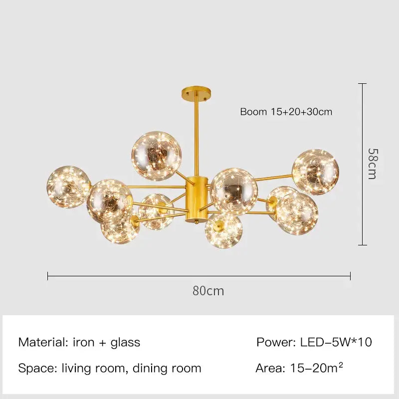Modern gold star glass pendant light featuring gold-toned iron frame and multiple spherical globes for dining room decorbites gold star chandelier