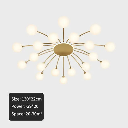 Modern gold starburst ceiling light with ball glass globes and slender arms for living room glass ceiling light