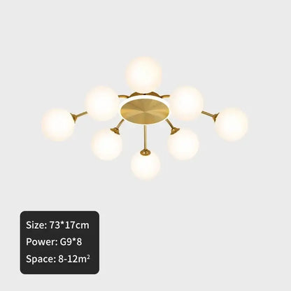 Modern gold starburst ceiling light with eight frosted ball glass globes for living room glass ceiling light design