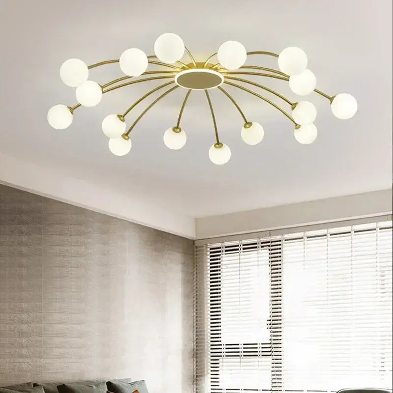 Modern gold starburst ball glass ceiling light with frosted globes designed for living room illumination