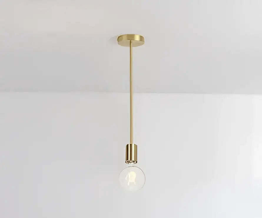 Minimalist brass pendant light with slender rod and exposed bulb for modern gold starburst glass ball globe decorbites pendant light
