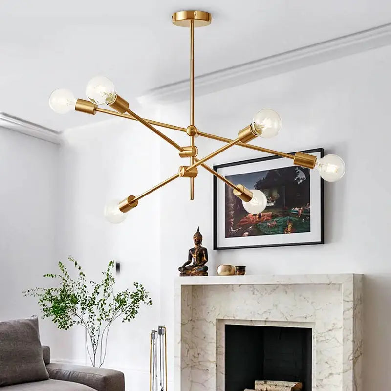 Modern gold starburst pendant light with six exposed bulbs featuring decorbites glass ball globe design for dining room decor