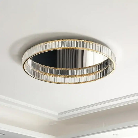 Modern gold steel led dimmable crystal ceiling light fixture with two concentric rings of clear faceted crystal bars