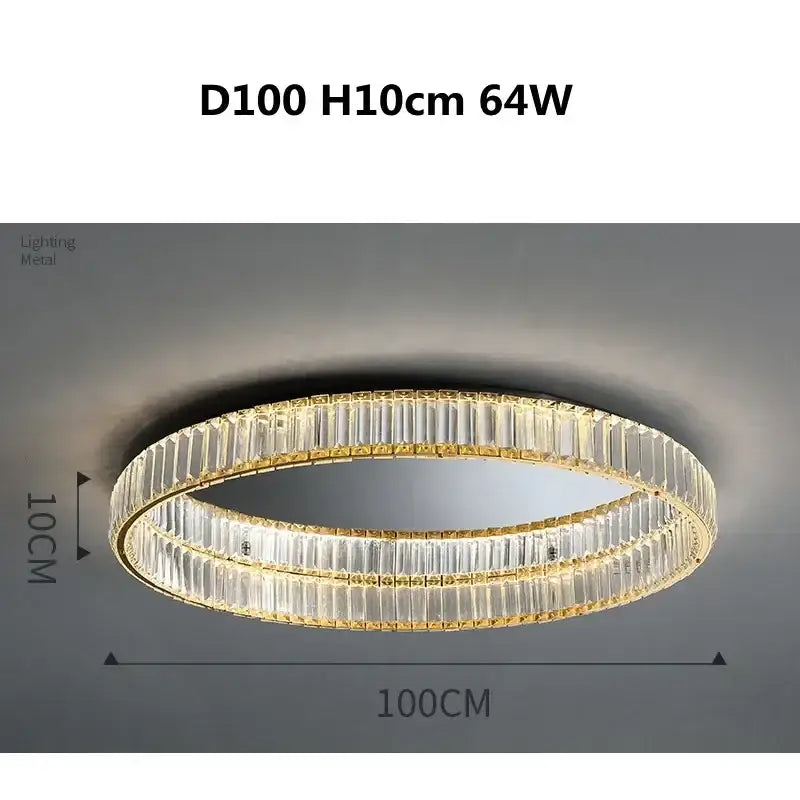 Modern gold steel led dimmable crystal ceiling light featuring two concentric rings for bedroom decorbites gold steel