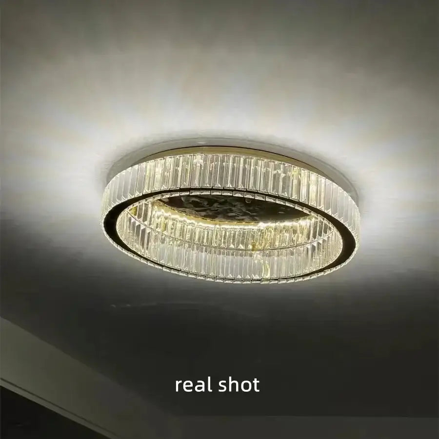 Modern gold steel led dimmable crystal ceiling light with concentric rings and faceted prisms for bedroom decorbites steel led