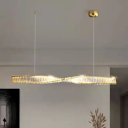 Modern gold steel led pendant light with twisted rectangular design and crystal elements for dining room decorbites gold steel