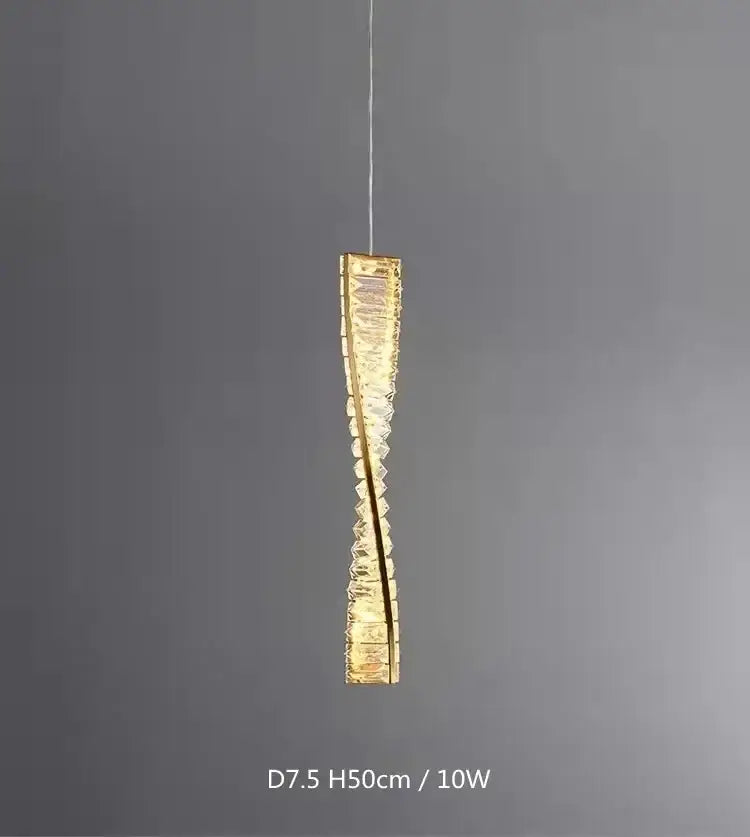 Modern gold steel led pendant light with slender golden frame and crystal segments for elegant dining room decorbites design