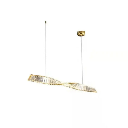 Modern gold steel led pendant light with a twisted design and clear crystal panels for dining room decorbites gold steel