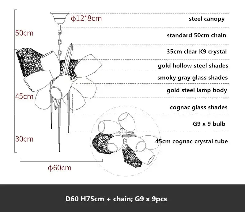 A modern floral pendant light with decorbites gold steel led body amber and gray glass shades for dining room decor