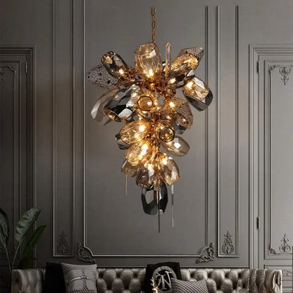 Modern gold steel led pendant lights with gold-toned crystal chandelier featuring amber and mirrored glass decorbites gold steel