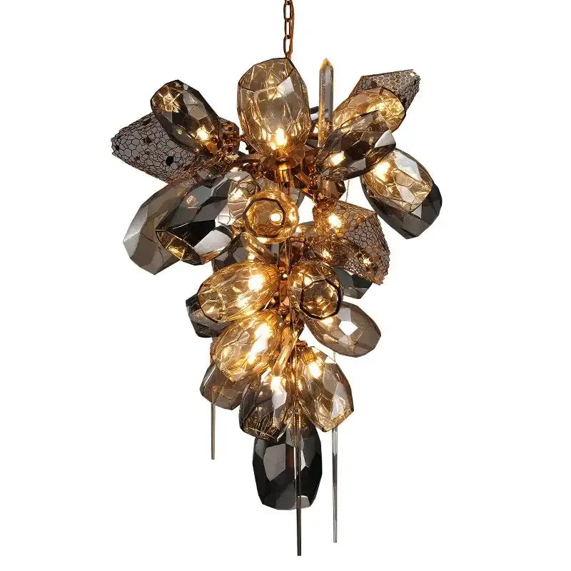 Modern gold steel led pendant lights featuring a luxurious gold and black crystal chandelier with floral glass design