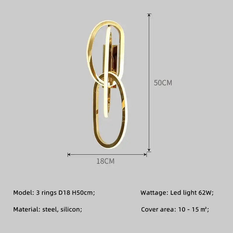 Modern gold steel pendant light with three interlocking rings made of steel and silicone for dining room decorbites gold steel