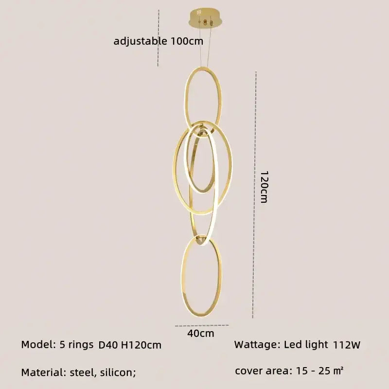 Modern gold steel pendant light with five interlocking rings made of steel and silicone for dining room decorbites gold steel