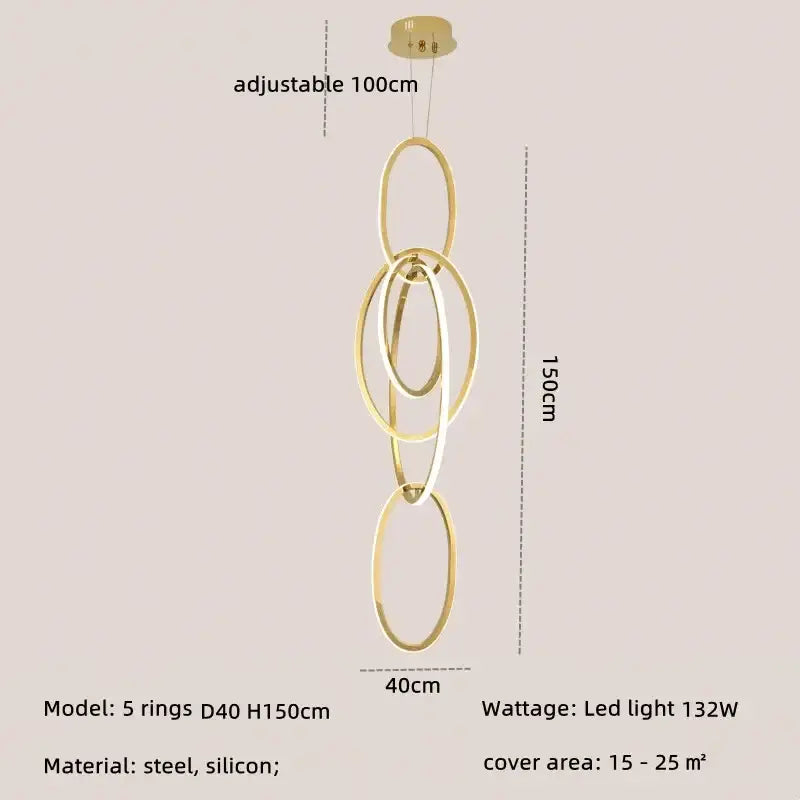 Modern gold steel pendant light featuring five interlocking rings made of steel and silicone with adjustable ceiling mount