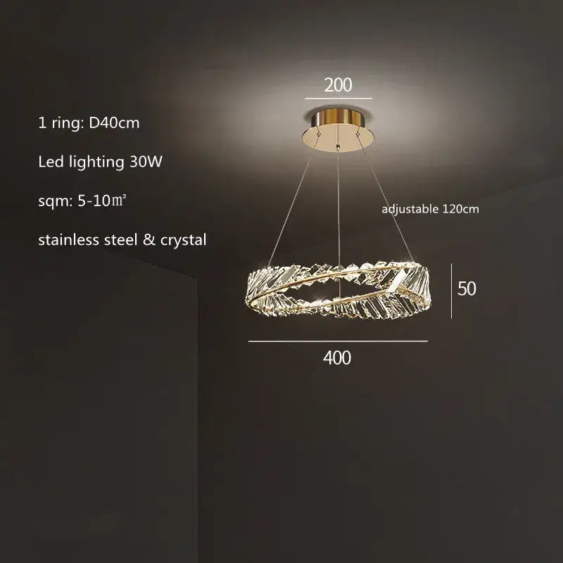 Modern gold steel rings pendant light with sleek stainless steel frame and crystal accents for dining room lighting