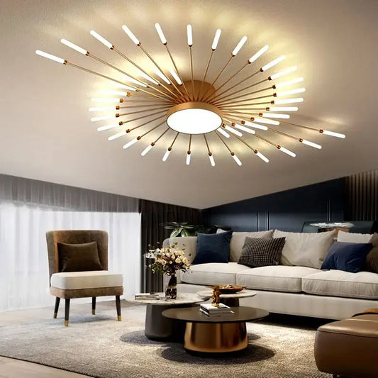 Modern gold sunburst acrylic led ceiling lights with multiple white cylindrical arms for bedroom decorbites acrylic led ceiling