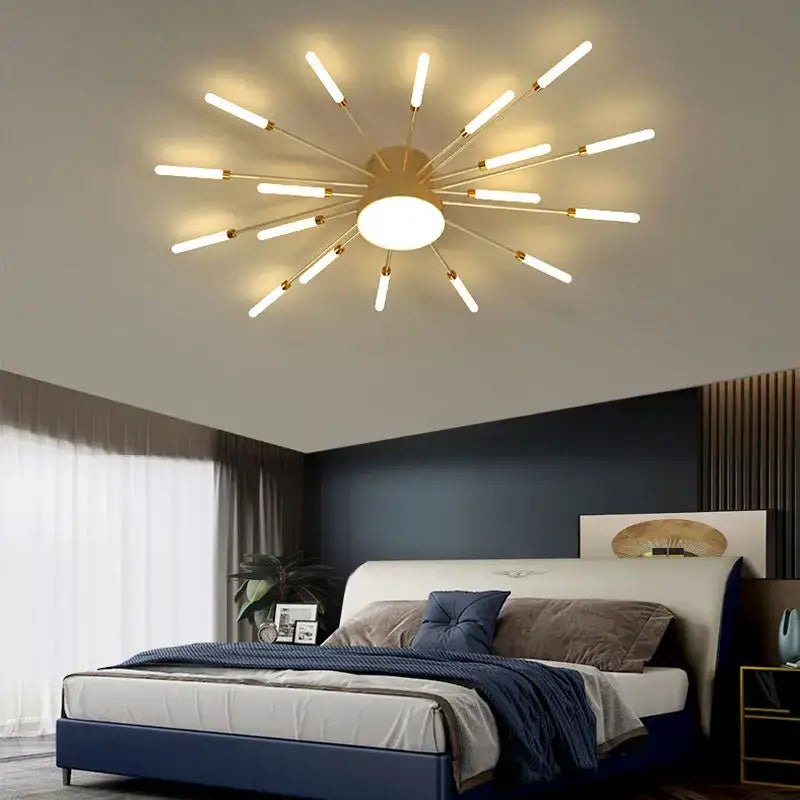 Modern gold sunburst acrylic led ceiling light with multiple slender illuminated rods for bedroom decorbites acrylic led ceiling