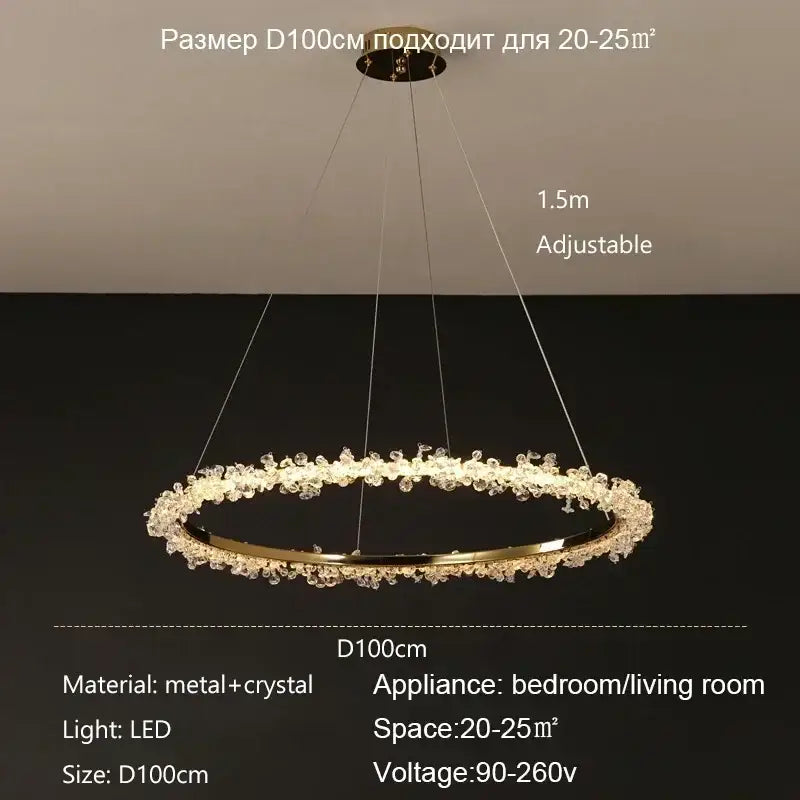 Modern gold swirling crystal pendant chandelier with a circular led frame for rooms up to 25 sqm decorbites crystal pendant