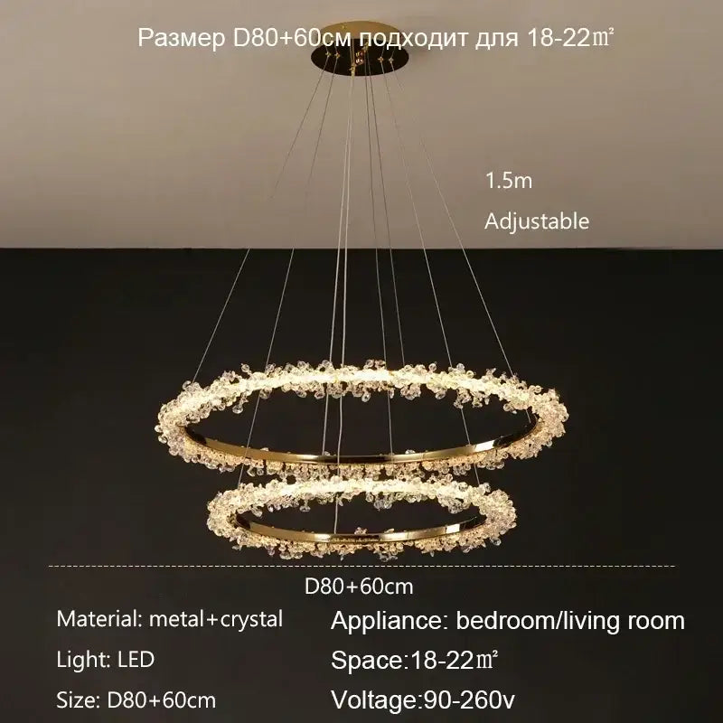 Modern gold swirling decorbites crystal pendant chandelier with double-ring design and sparkling crystals for dining room decor