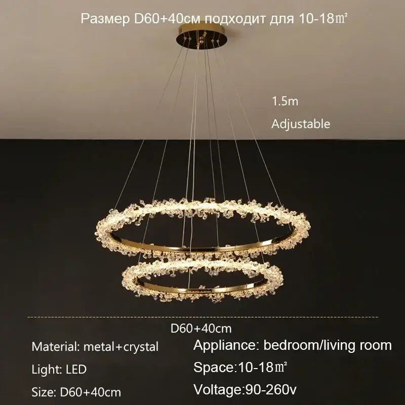 Modern gold swirling crystal pendant chandelier featuring gold-toned double rings with led lighting decorbites crystal pendant