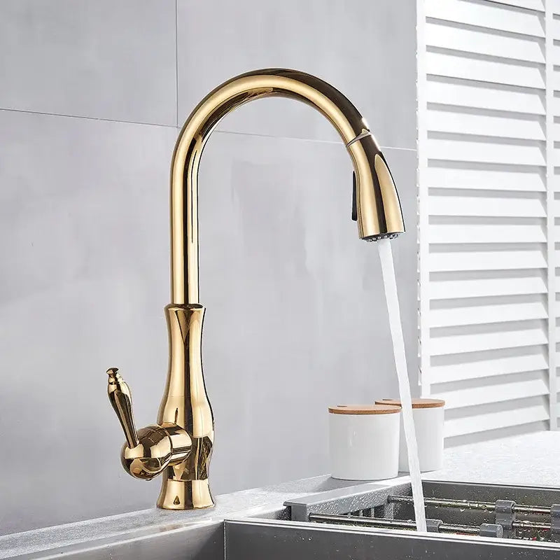 Modern gold swivel kitchen faucet by decorbites gold with sleek curved spout and pull-down spray head for kitchen use