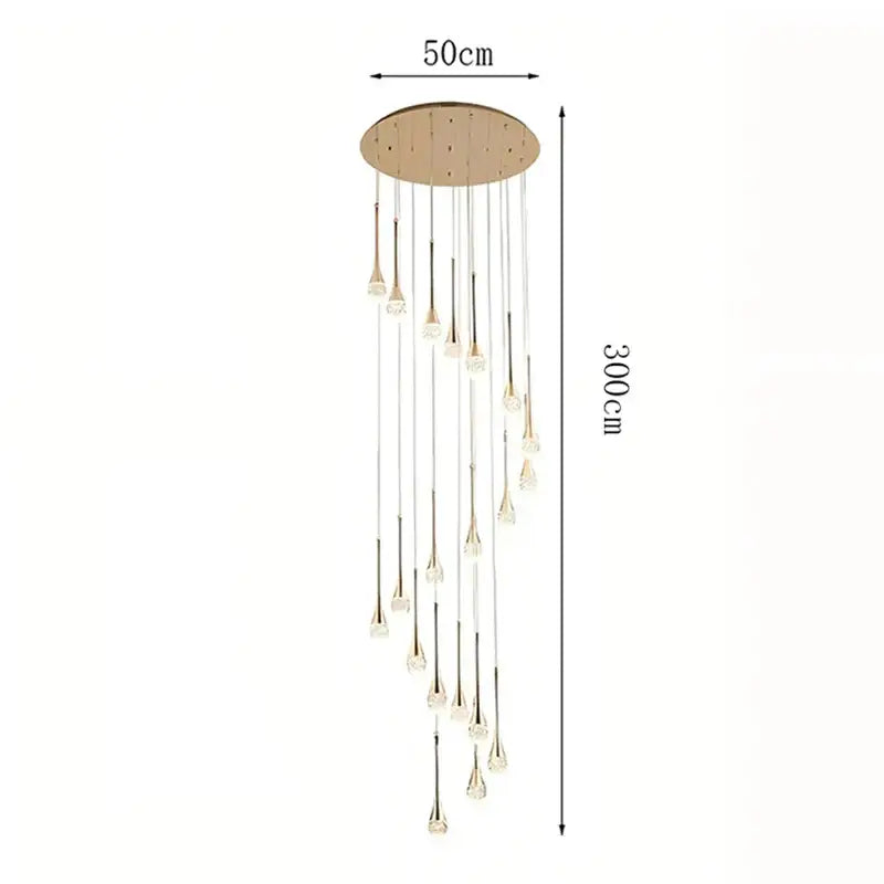 Modern gold teardrop crystal pendant light with circular mount and slender rods suspending clear crystal droplets for dining room