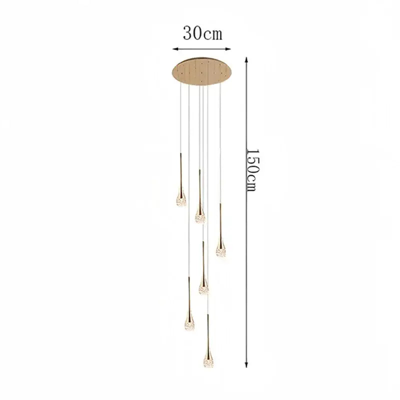 Modern gold teardrop crystal pendant light with seven crystal pendants and circular ceiling mount for dining room