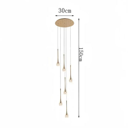 Modern gold teardrop crystal pendant light with seven crystal pendants and circular ceiling mount for dining room