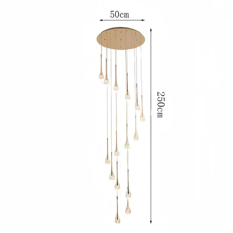 Modern gold teardrop crystal pendant light with circular mount and dangling crystal pendants for dining room