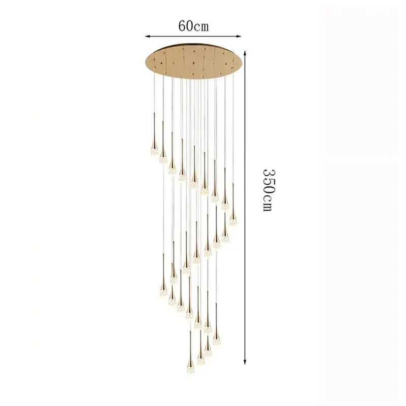 Modern gold teardrop crystal pendant light with frosted glass shades and metallic stems for dining room lighting