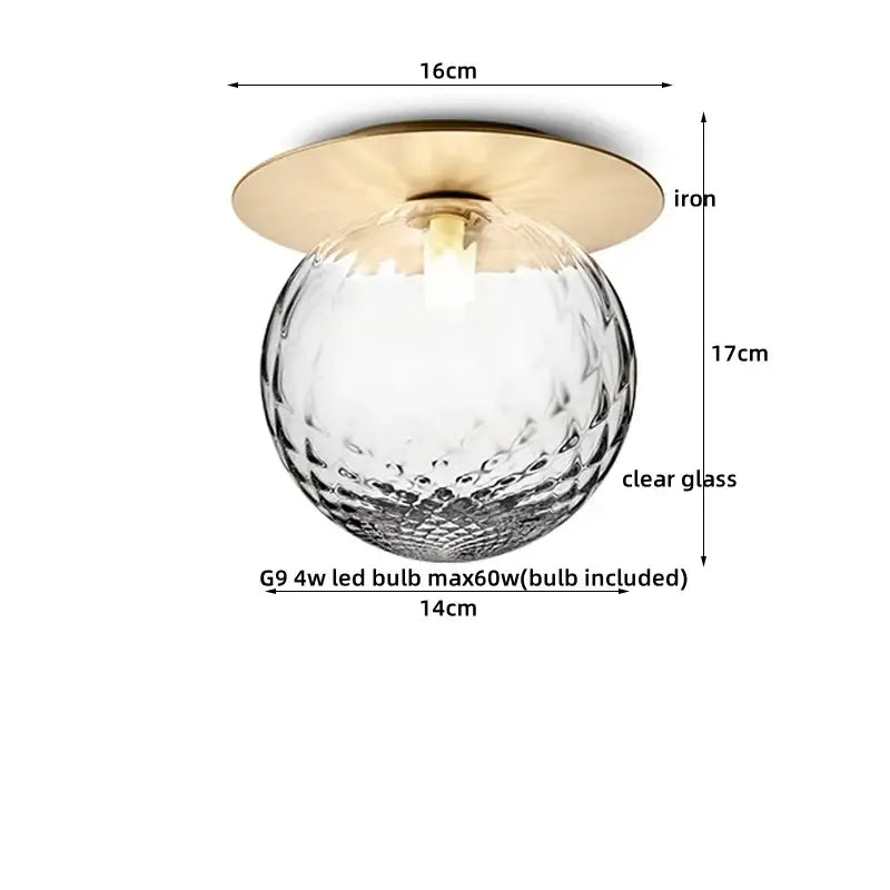 Modern gold textured glass ceiling lamp with clear globe and brass decorbites iron base for living room lighting