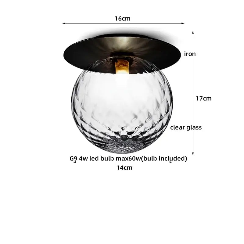 Modern gold textured glass ceiling lamp with clear globe and black decorbites iron base for living room lighting