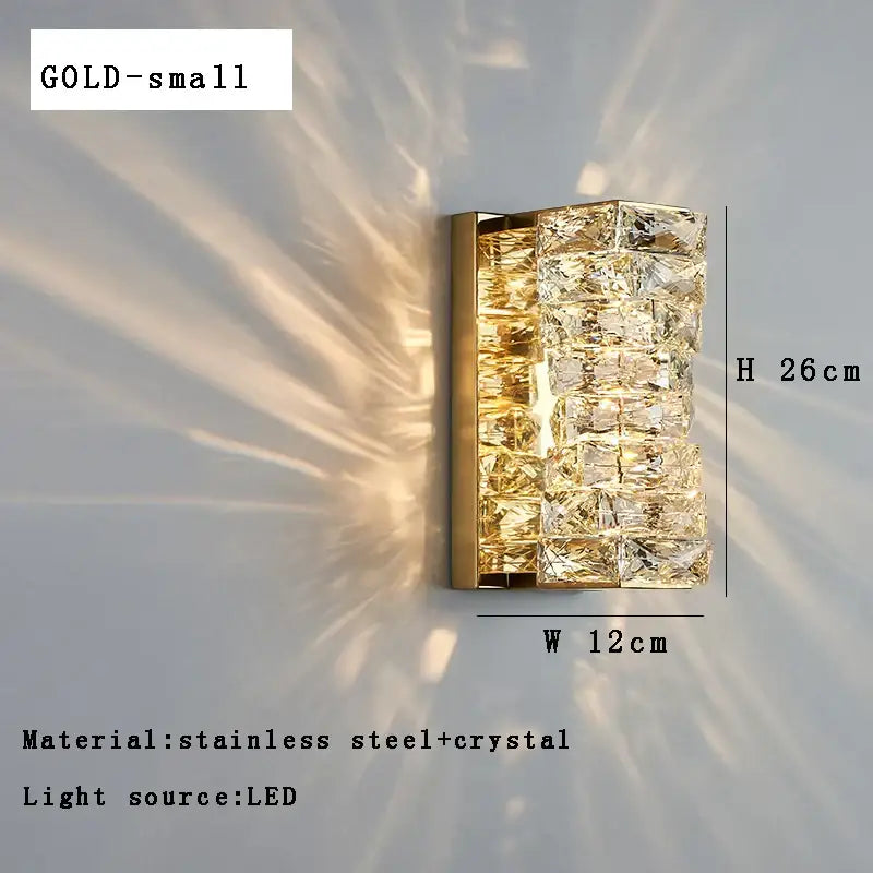 Modern gold wall sconce lamps with textured glass, stacked crystal cubes, and stainless steel frame for bedroom decor