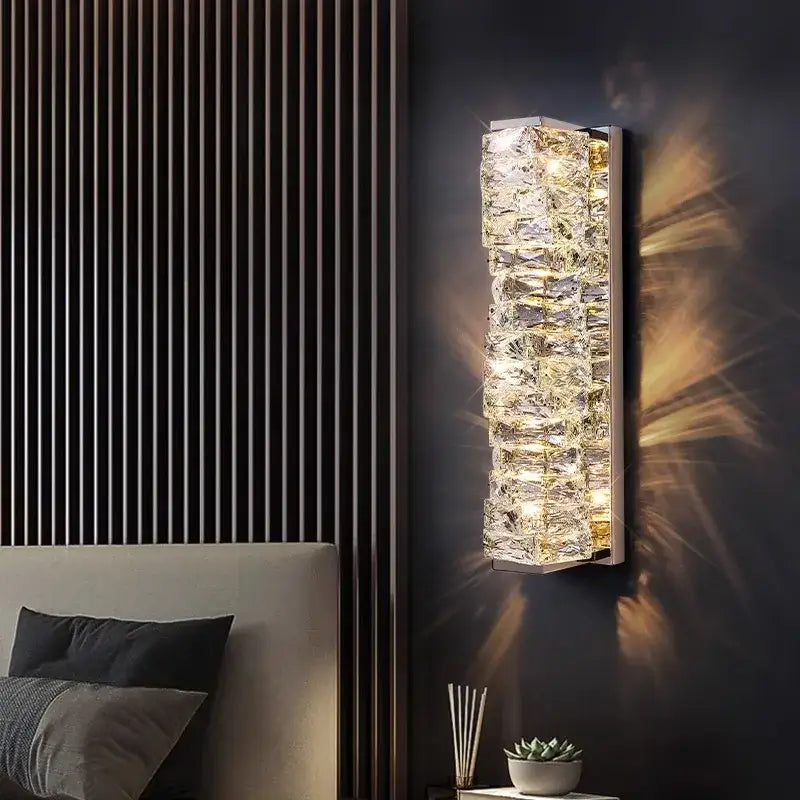 Modern gold textured glass wall sconce lamps with stacked crystal design and warm light for bedroom decor wall sconce lamps