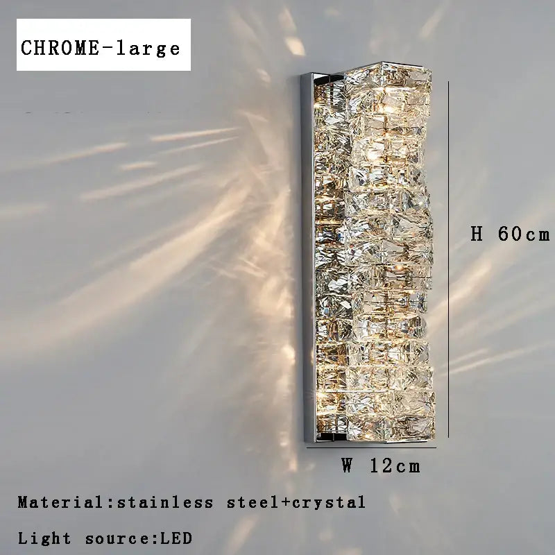 Modern gold textured glass wall sconce lamps featuring chrome finished rectangular design with stacked crystal cubes