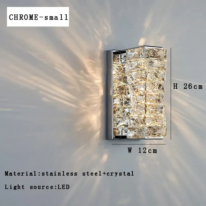 Modern gold textured glass wall sconce lamps with chrome finish and stacked crystal facets for bedroom decor lighting