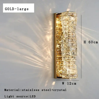 Modern gold textured glass wall sconce lamps with stacked crystal design and stainless steel frame for bedroom decor