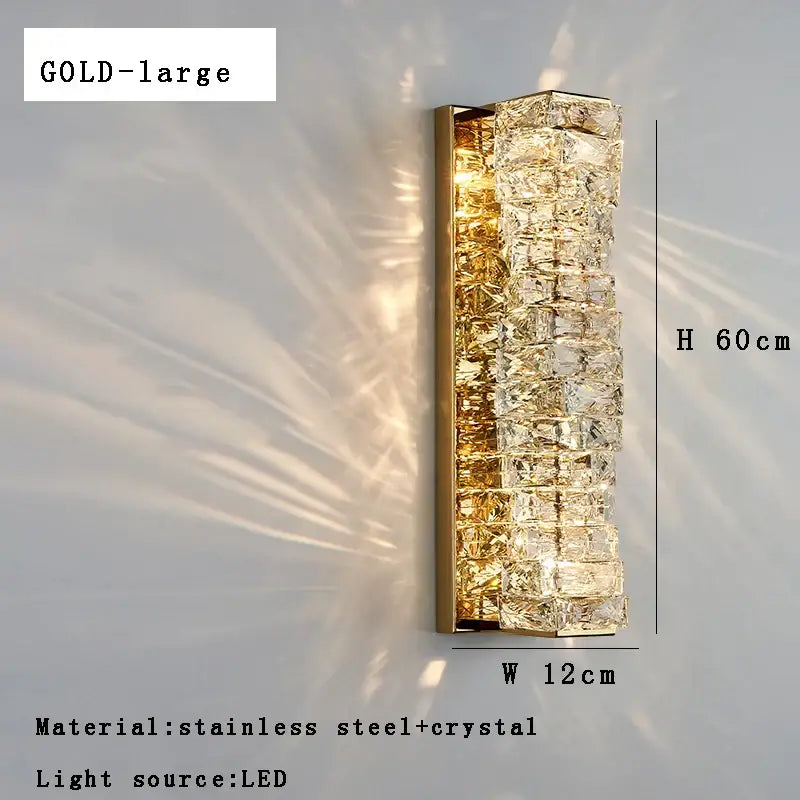 Modern gold textured glass wall sconce lamps with stacked crystal design and stainless steel frame for bedroom decor