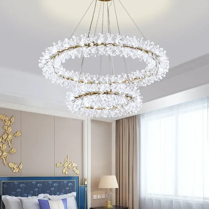 Modern gold three tier crystal led chandelier with gold-toned frames and clear glass decorbites crystal led lighting