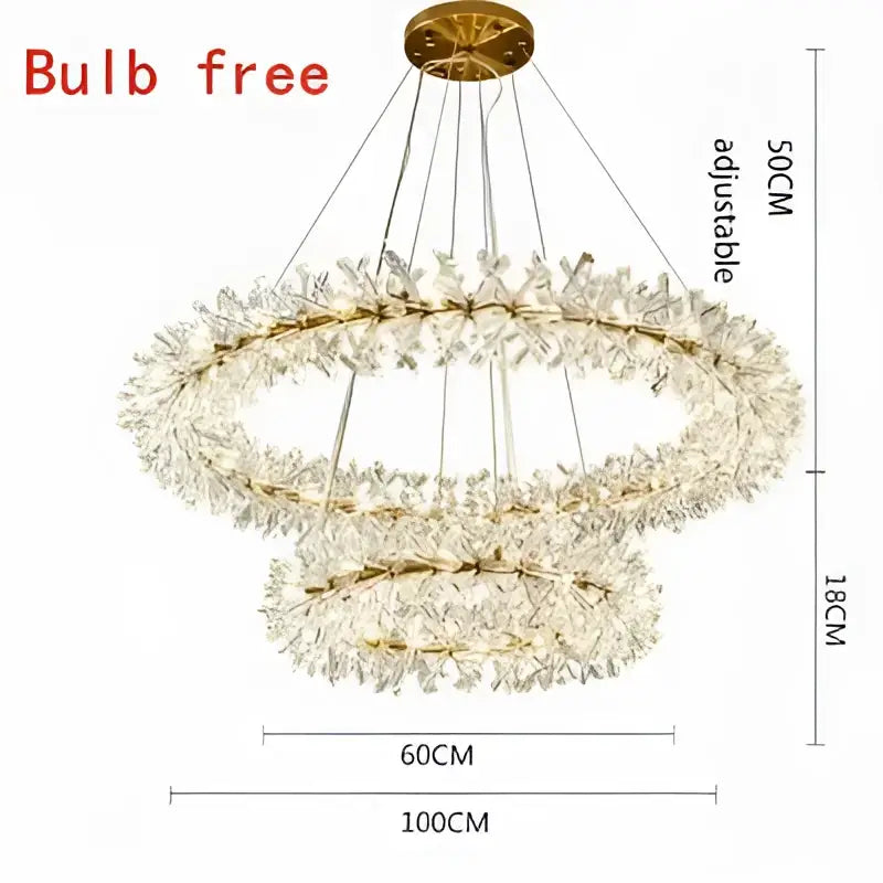 Modern gold three tier crystal led chandelier with adjustable height featuring gold-tone double rings and decorbites crystal led embellishments