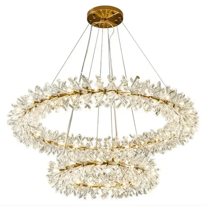 Modern gold three tier crystal led chandelier with three concentric rings of clear faceted crystals for dining room decorbites crystal led
