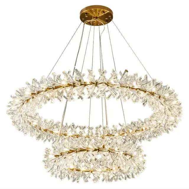 Modern gold three tier crystal led chandelier with three concentric rings of clear faceted crystals for dining room decorbites crystal led