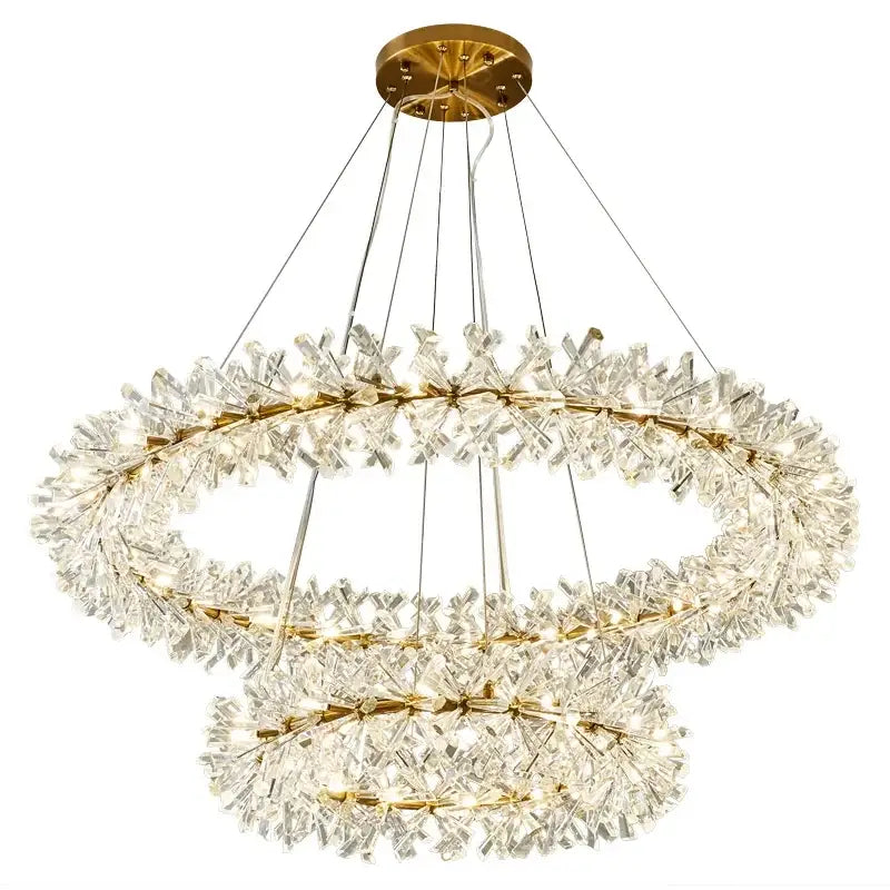 Modern gold three tier crystal led chandelier with gold metal frames and cascading clear crystal shards for dining room decorbites crystal led
