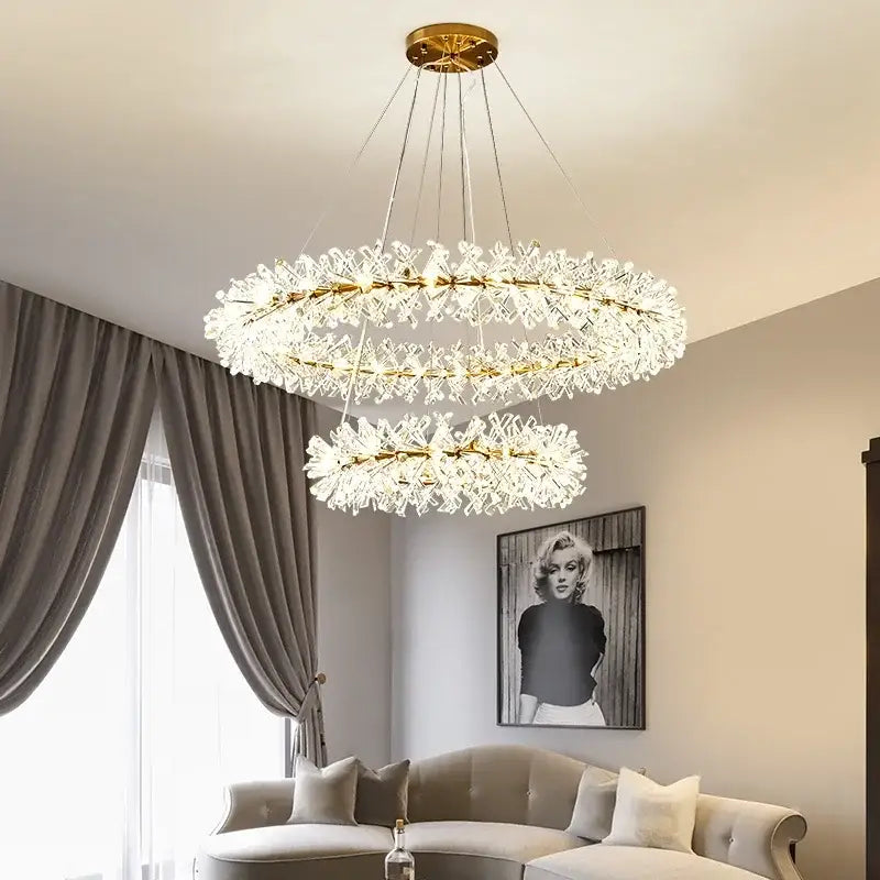 Modern gold three tier crystal led chandelier with gold metal frames and cascading clear crystals for dining room decorbites crystal led